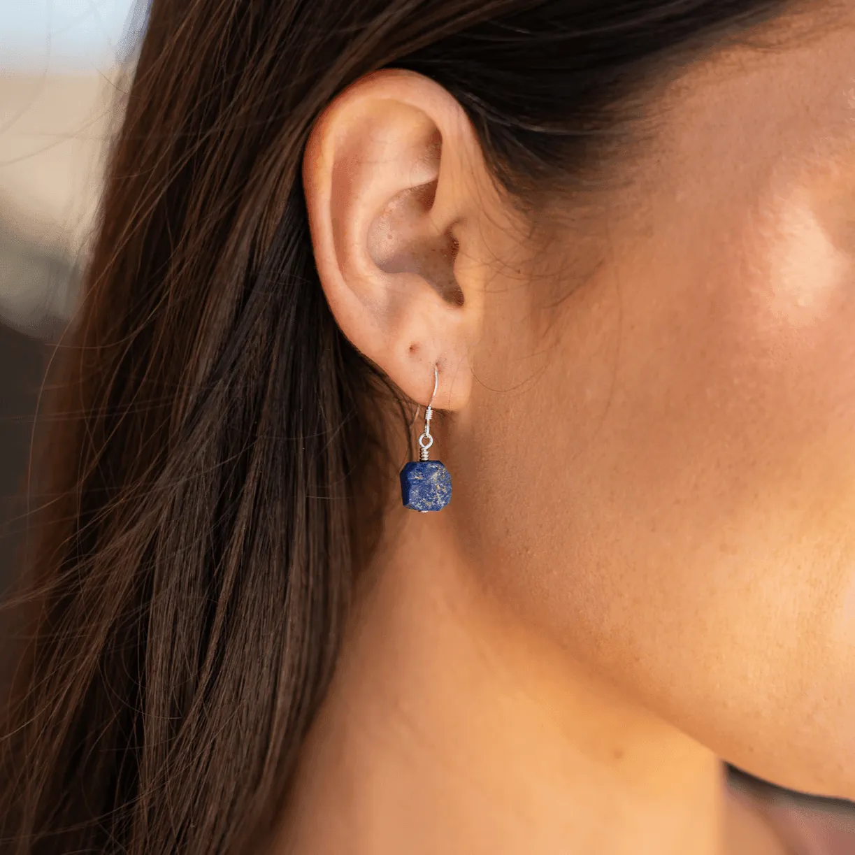 Raw Blue Lapis Lazuli Crystal Dangle Drop Earrings