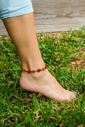 Red Coral Floral Golden Brass Boho Anklet