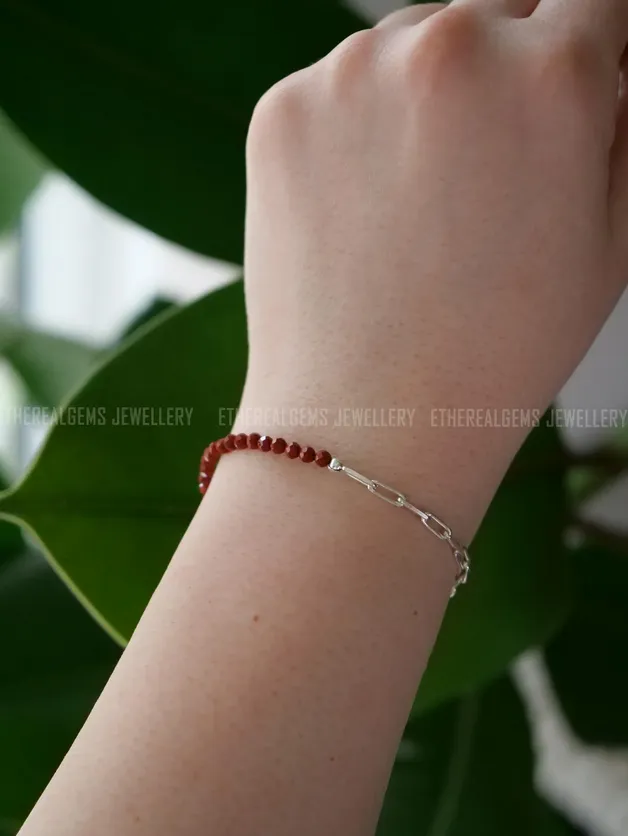Red jasper bracelet, Natural Gemstone Sterling Silver Dainty Bracelet, Paperclip bracelet, Half jasper half chain bracelet, Red bracelet