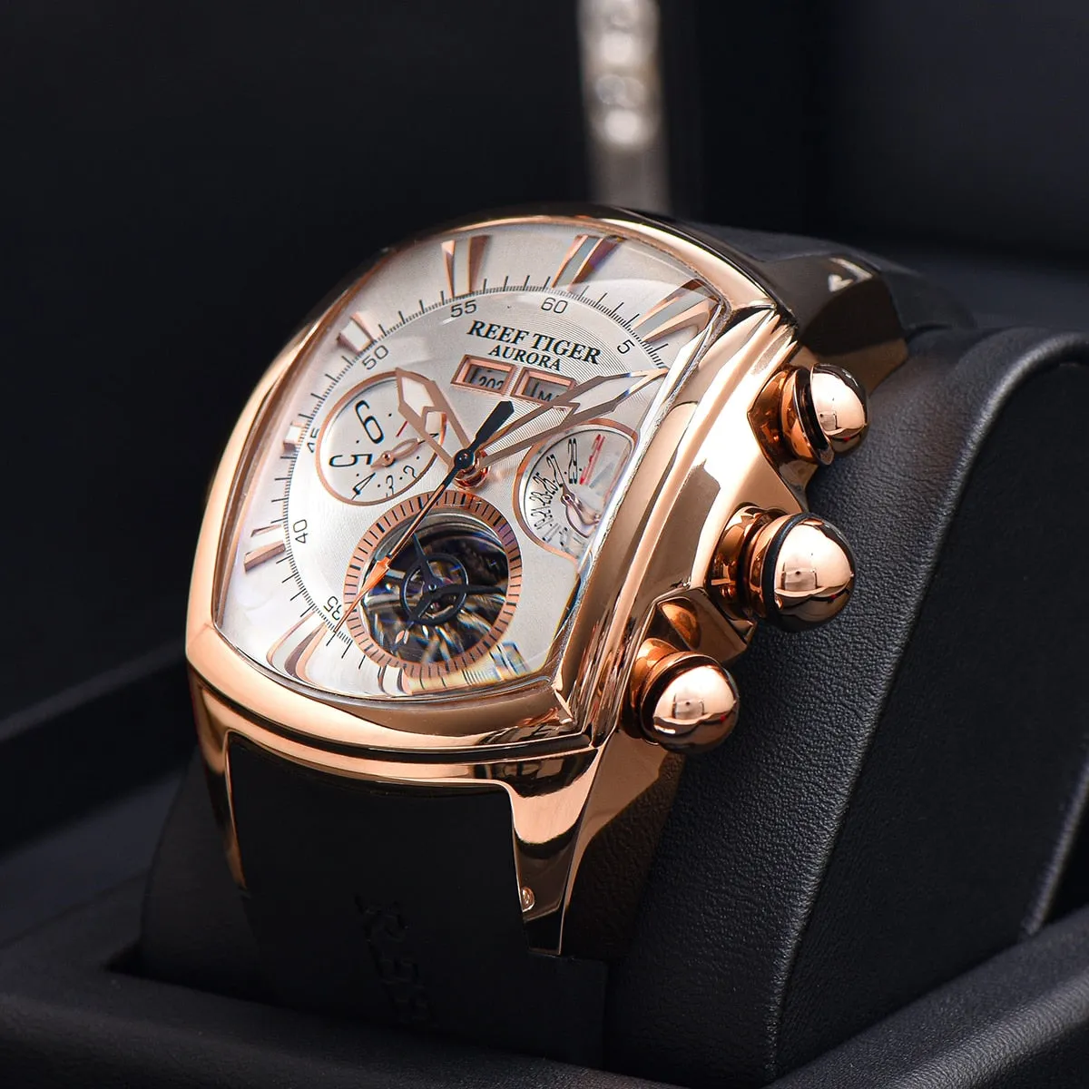 Reef Tiger/RT Designer Men Sport Watches Tourbillon Blue Dial Analog Display Rubber Strap Luminous Clock RGA3069