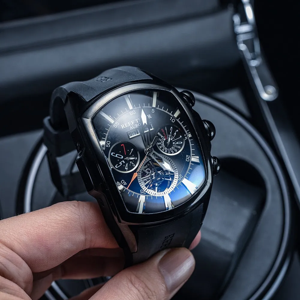 Reef Tiger/RT Designer Men Sport Watches Tourbillon Blue Dial Analog Display Rubber Strap Luminous Clock RGA3069