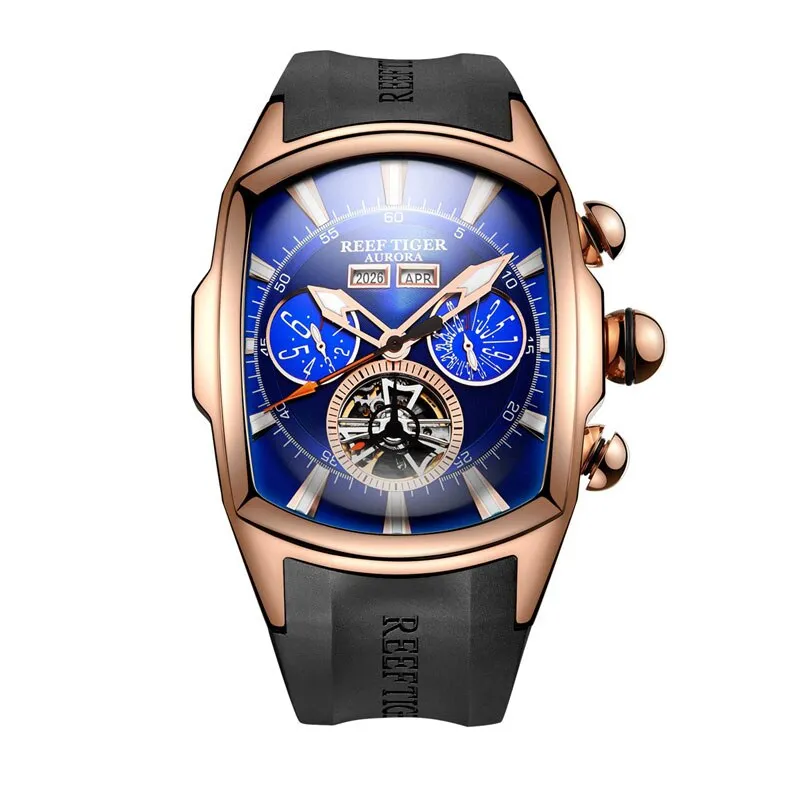 Reef Tiger/RT Designer Men Sport Watches Tourbillon Blue Dial Analog Display Rubber Strap Luminous Clock RGA3069