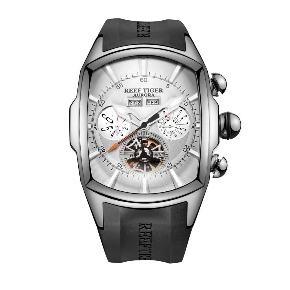 Reef Tiger/RT Designer Men Sport Watches Tourbillon Blue Dial Analog Display Rubber Strap Luminous Clock RGA3069