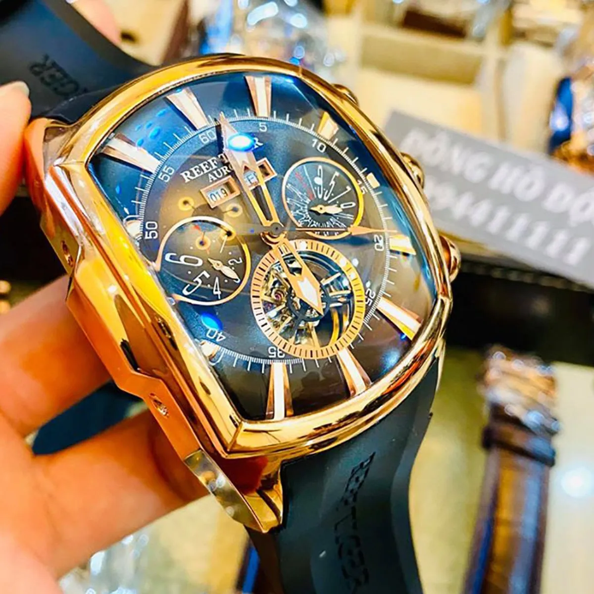 Reef Tiger/RT Designer Men Sport Watches Tourbillon Blue Dial Analog Display Rubber Strap Luminous Clock RGA3069