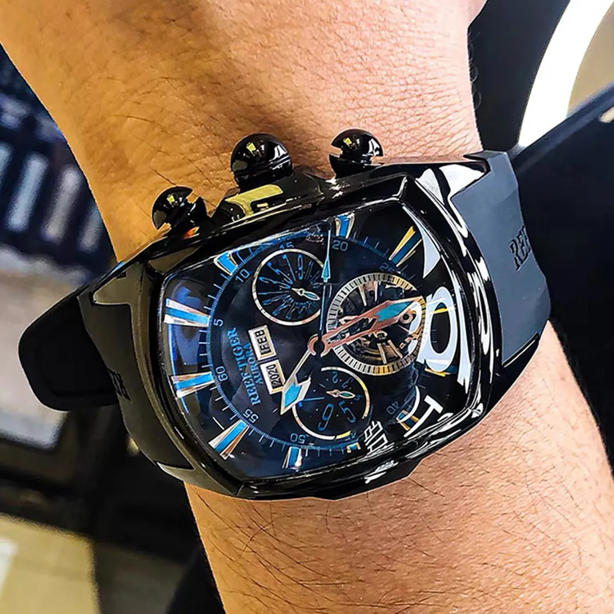 Reef Tiger/RT Designer Men Sport Watches Tourbillon Blue Dial Analog Display Rubber Strap Luminous Clock RGA3069