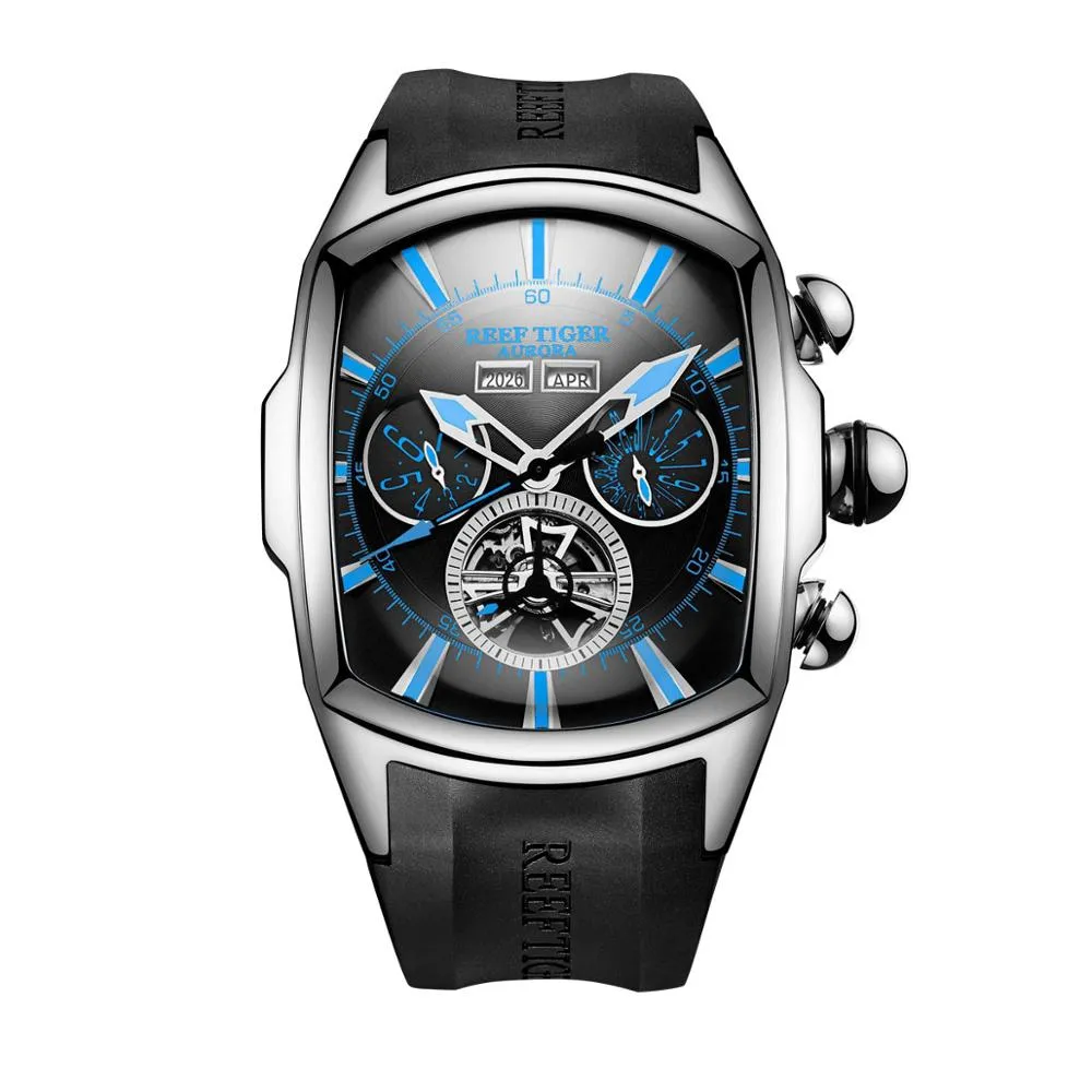Reef Tiger/RT Designer Men Sport Watches Tourbillon Blue Dial Analog Display Rubber Strap Luminous Clock RGA3069
