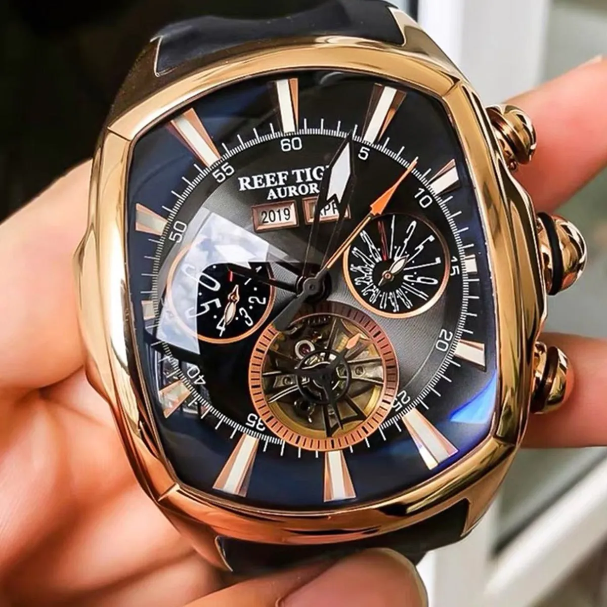 Reef Tiger/RT Designer Men Sport Watches Tourbillon Blue Dial Analog Display Rubber Strap Luminous Clock RGA3069