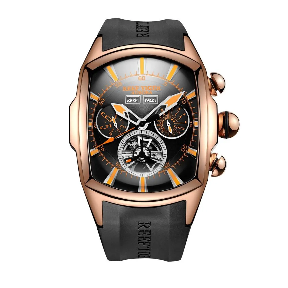 Reef Tiger/RT Designer Men Sport Watches Tourbillon Blue Dial Analog Display Rubber Strap Luminous Clock RGA3069