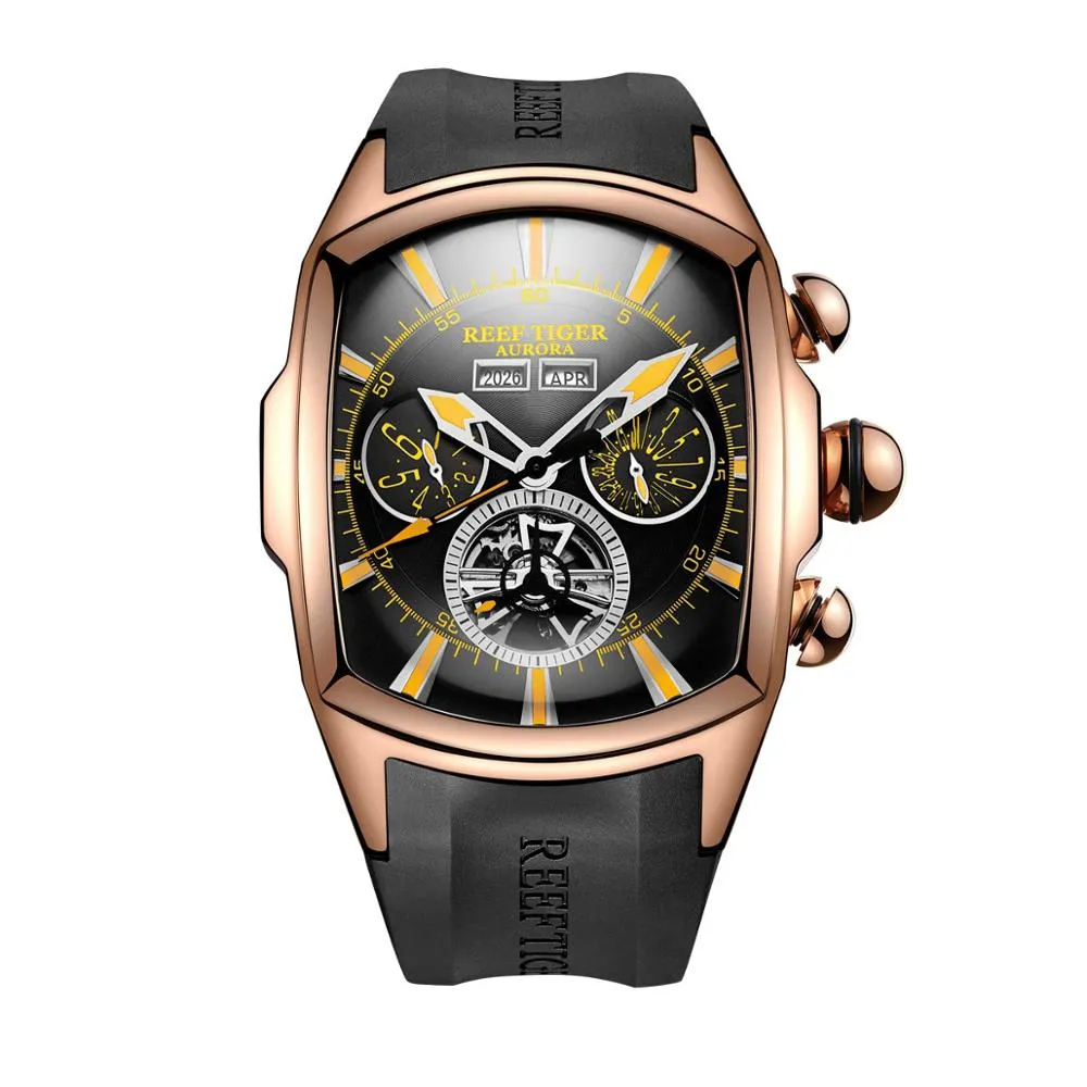 Reef Tiger/RT Designer Men Sport Watches Tourbillon Blue Dial Analog Display Rubber Strap Luminous Clock RGA3069