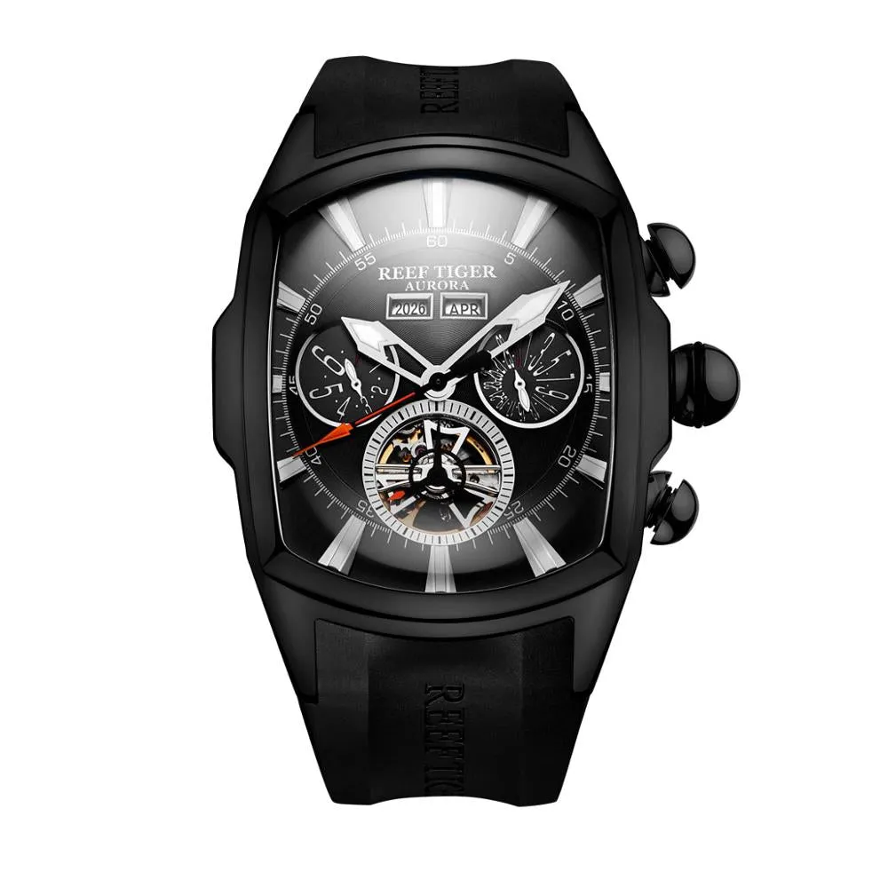 Reef Tiger/RT Designer Men Sport Watches Tourbillon Blue Dial Analog Display Rubber Strap Luminous Clock RGA3069