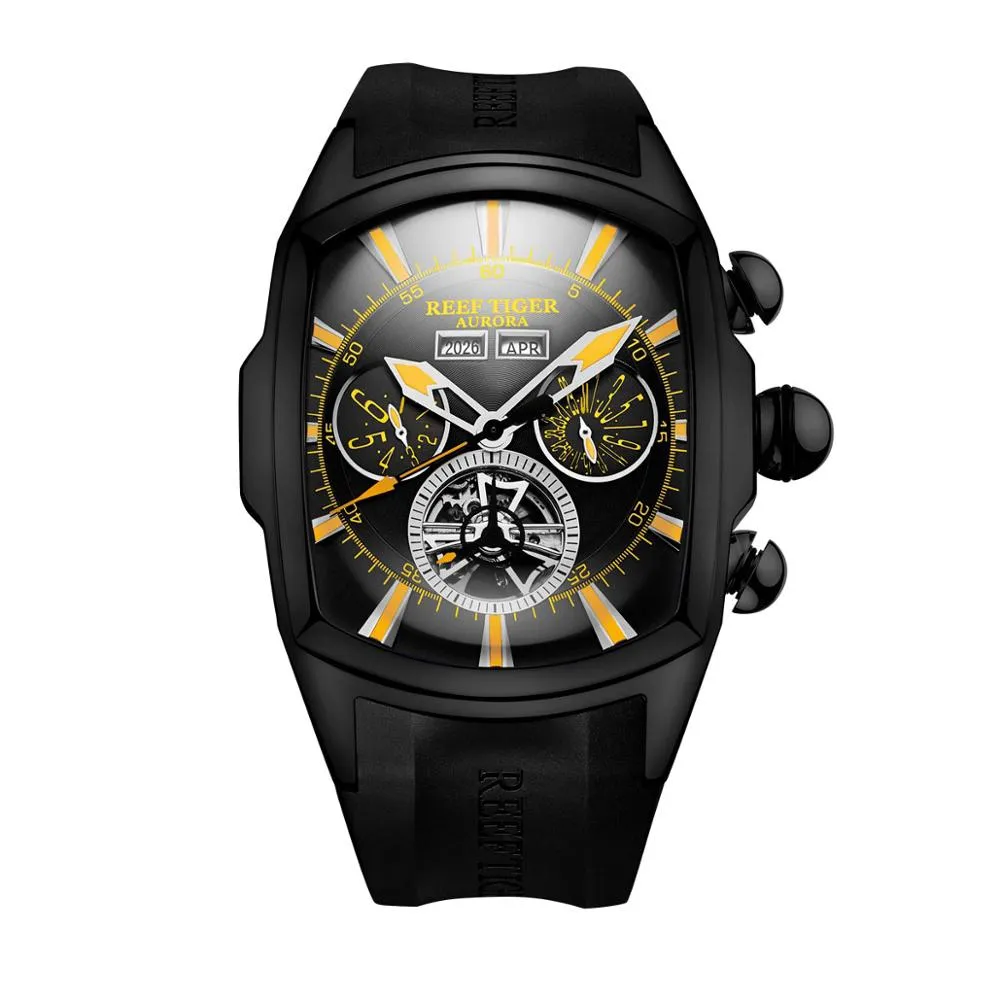 Reef Tiger/RT Designer Men Sport Watches Tourbillon Blue Dial Analog Display Rubber Strap Luminous Clock RGA3069