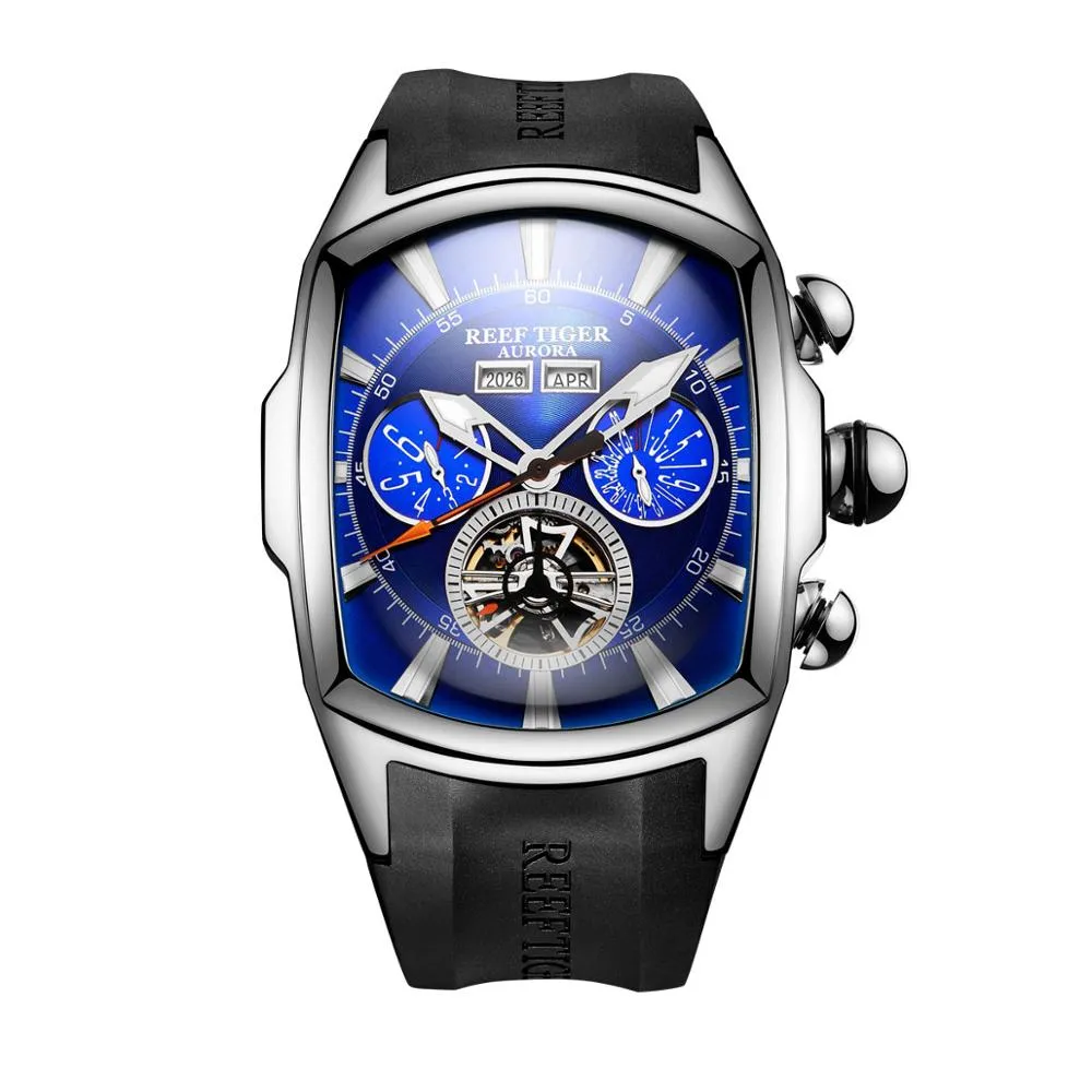 Reef Tiger/RT Designer Men Sport Watches Tourbillon Blue Dial Analog Display Rubber Strap Luminous Clock RGA3069