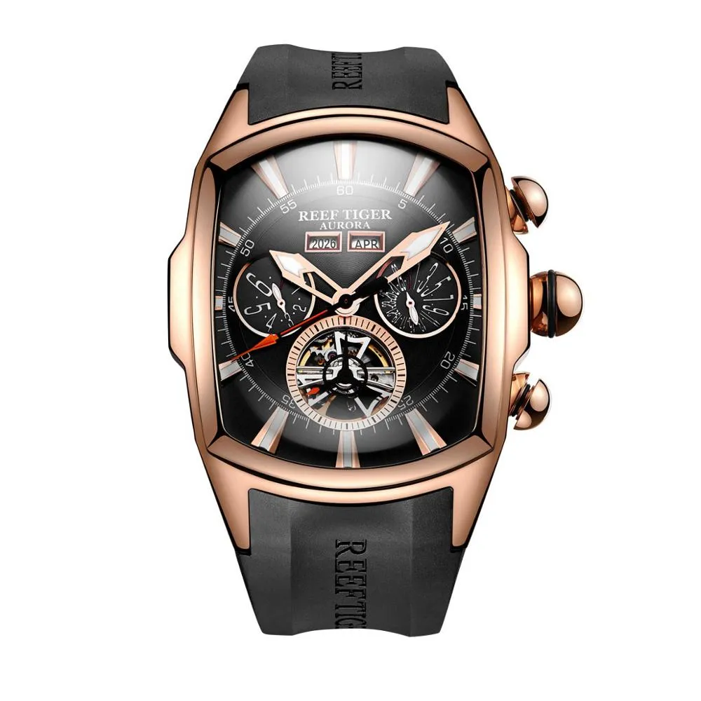 Reef Tiger/RT Designer Men Sport Watches Tourbillon Blue Dial Analog Display Rubber Strap Luminous Clock RGA3069
