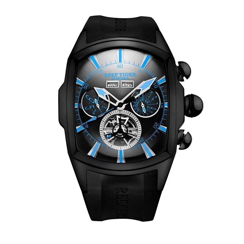 Reef Tiger/RT Designer Men Sport Watches Tourbillon Blue Dial Analog Display Rubber Strap Luminous Clock RGA3069