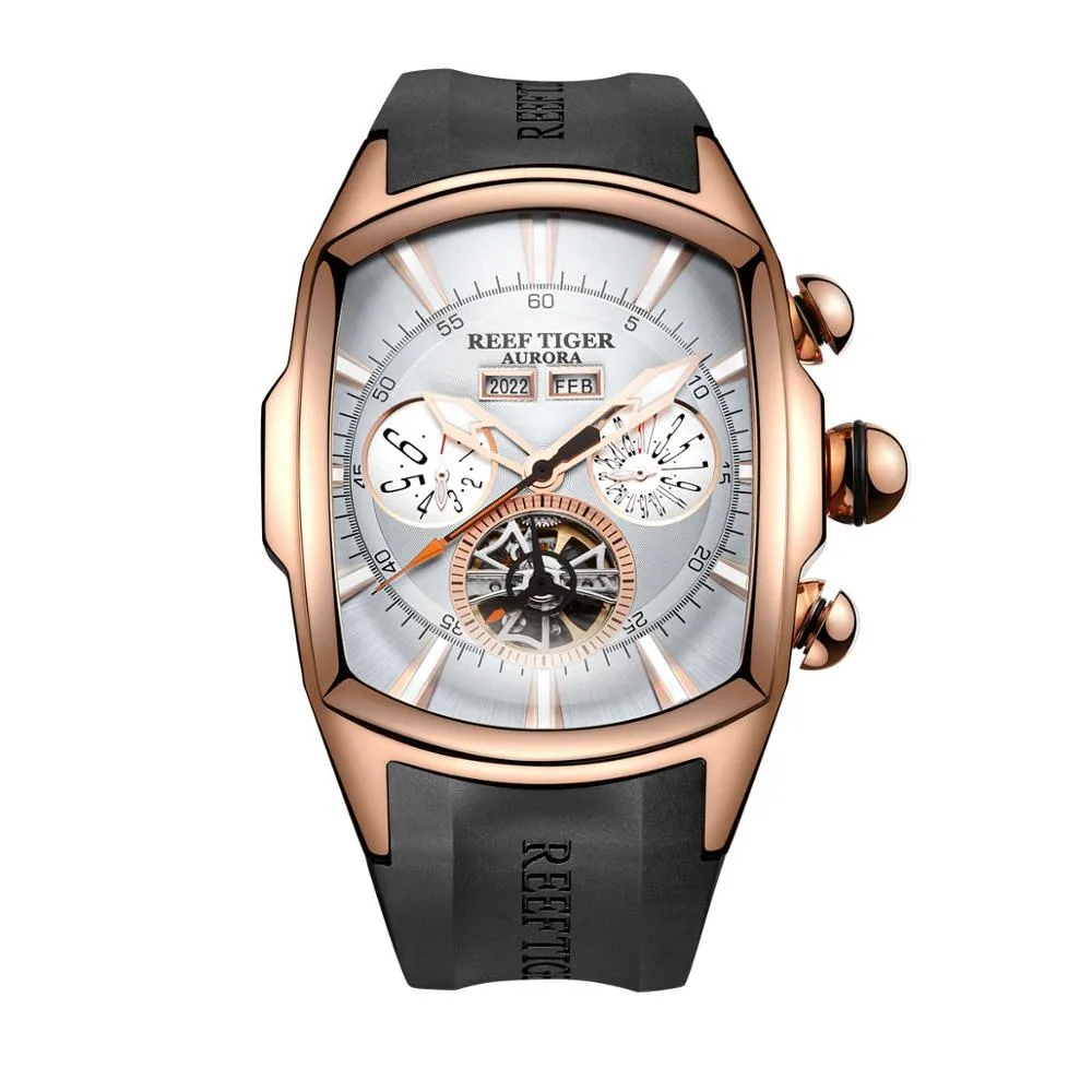 Reef Tiger/RT Designer Men Sport Watches Tourbillon Blue Dial Analog Display Rubber Strap Luminous Clock RGA3069