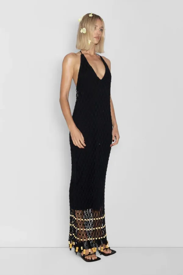 Reis Macrame Maxi Dress Noir