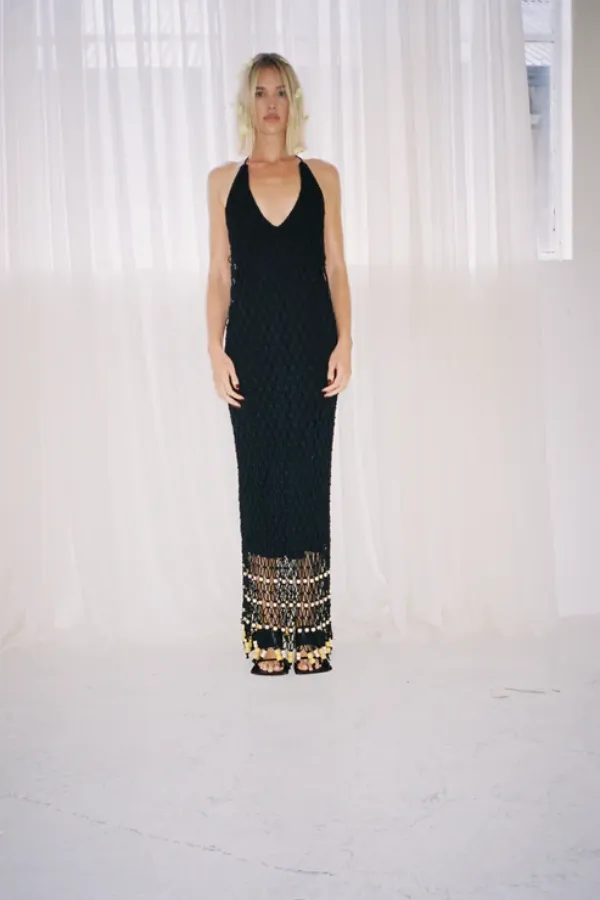 Reis Macrame Maxi Dress Noir
