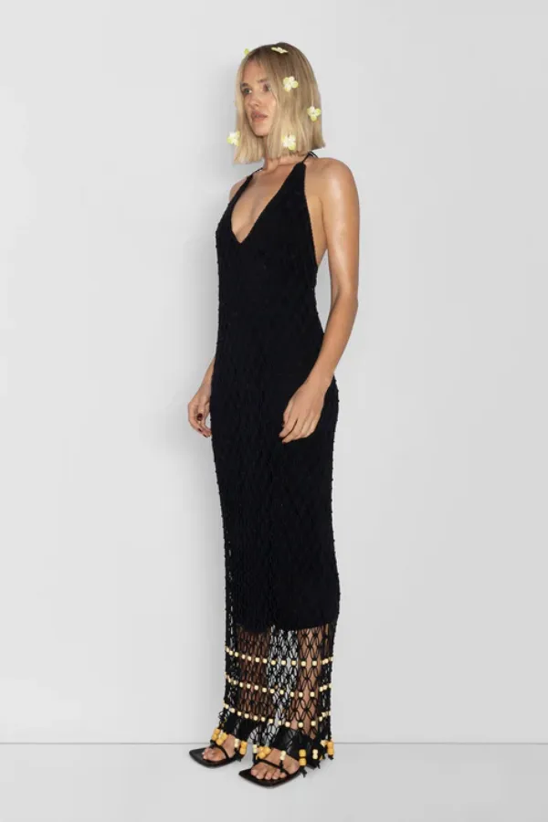 Reis Macrame Maxi Dress Noir