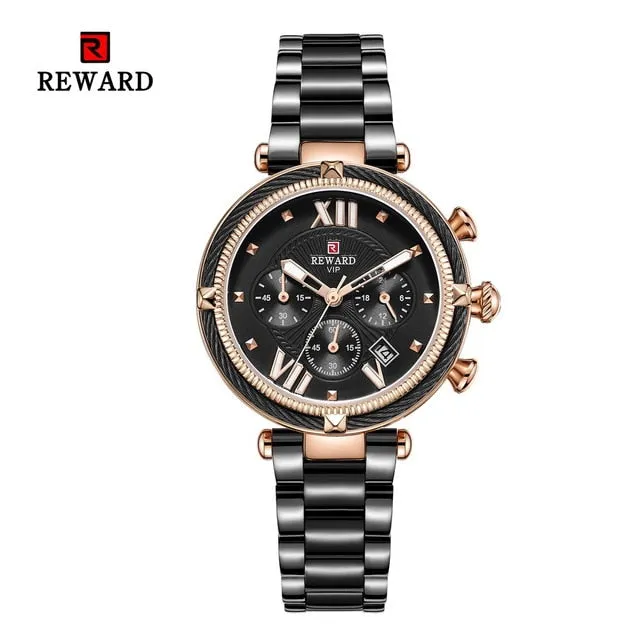 REWARD Fashion New Women Watches Elegant Chronograph Dial calendar Stainless steel Strap Quartz Japanese Movement Waterproof