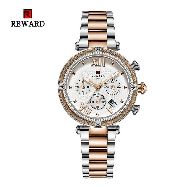 REWARD Fashion New Women Watches Elegant Chronograph Dial calendar Stainless steel Strap Quartz Japanese Movement Waterproof