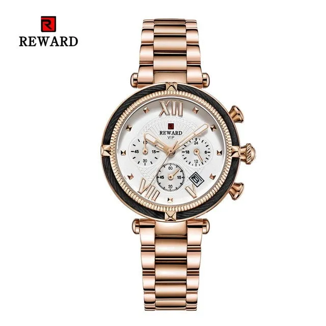 REWARD Fashion New Women Watches Elegant Chronograph Dial calendar Stainless steel Strap Quartz Japanese Movement Waterproof