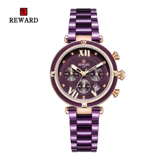REWARD Fashion New Women Watches Elegant Chronograph Dial calendar Stainless steel Strap Quartz Japanese Movement Waterproof
