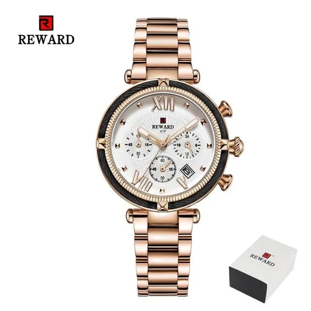 REWARD Fashion New Women Watches Elegant Chronograph Dial calendar Stainless steel Strap Quartz Japanese Movement Waterproof