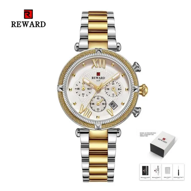 REWARD Fashion New Women Watches Elegant Chronograph Dial calendar Stainless steel Strap Quartz Japanese Movement Waterproof