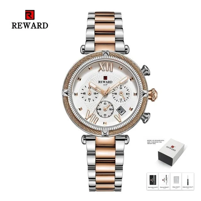 REWARD Fashion New Women Watches Elegant Chronograph Dial calendar Stainless steel Strap Quartz Japanese Movement Waterproof