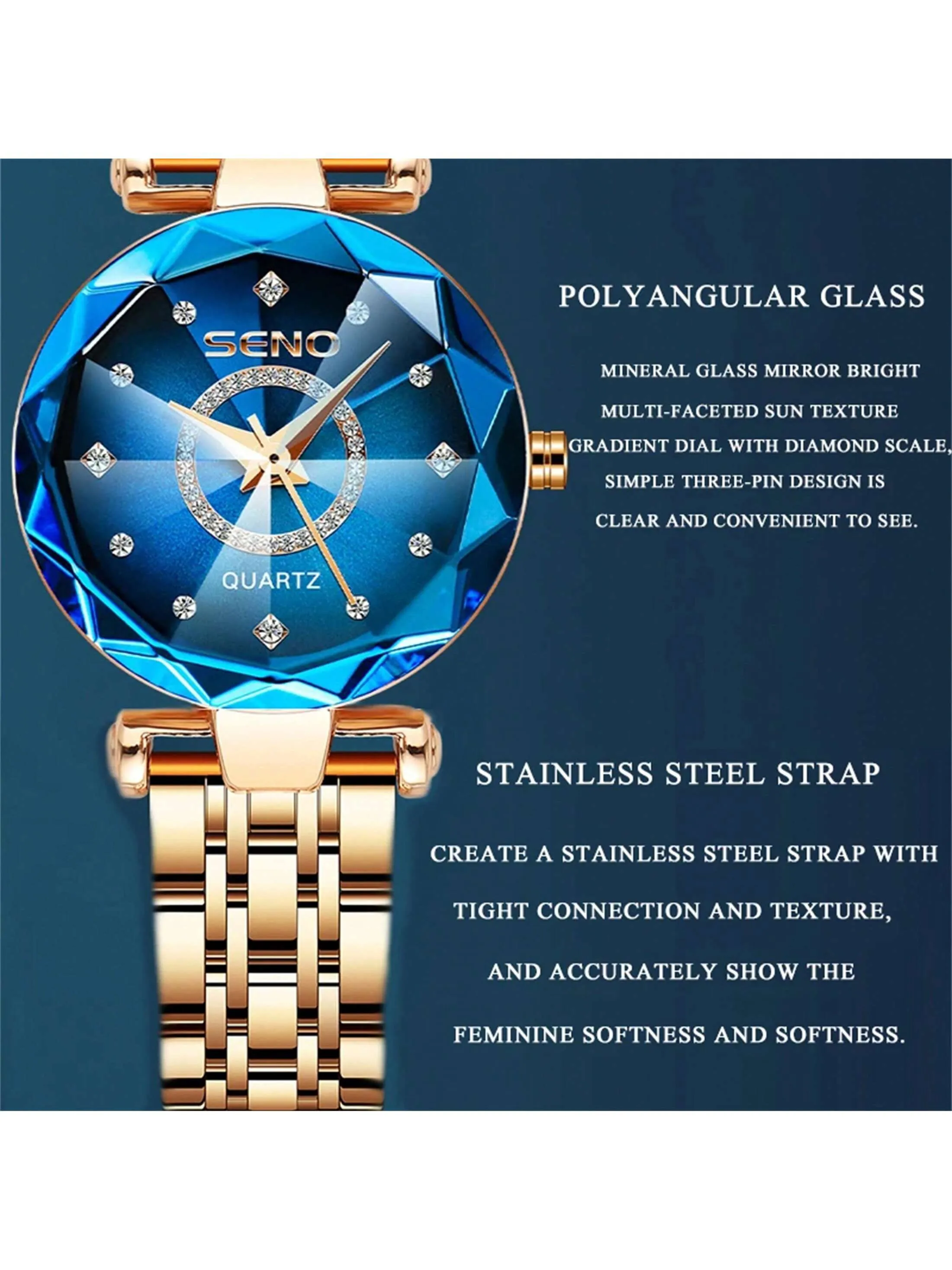 Sapphire Women's Watch with Stainless Steel Rose Gold Strap