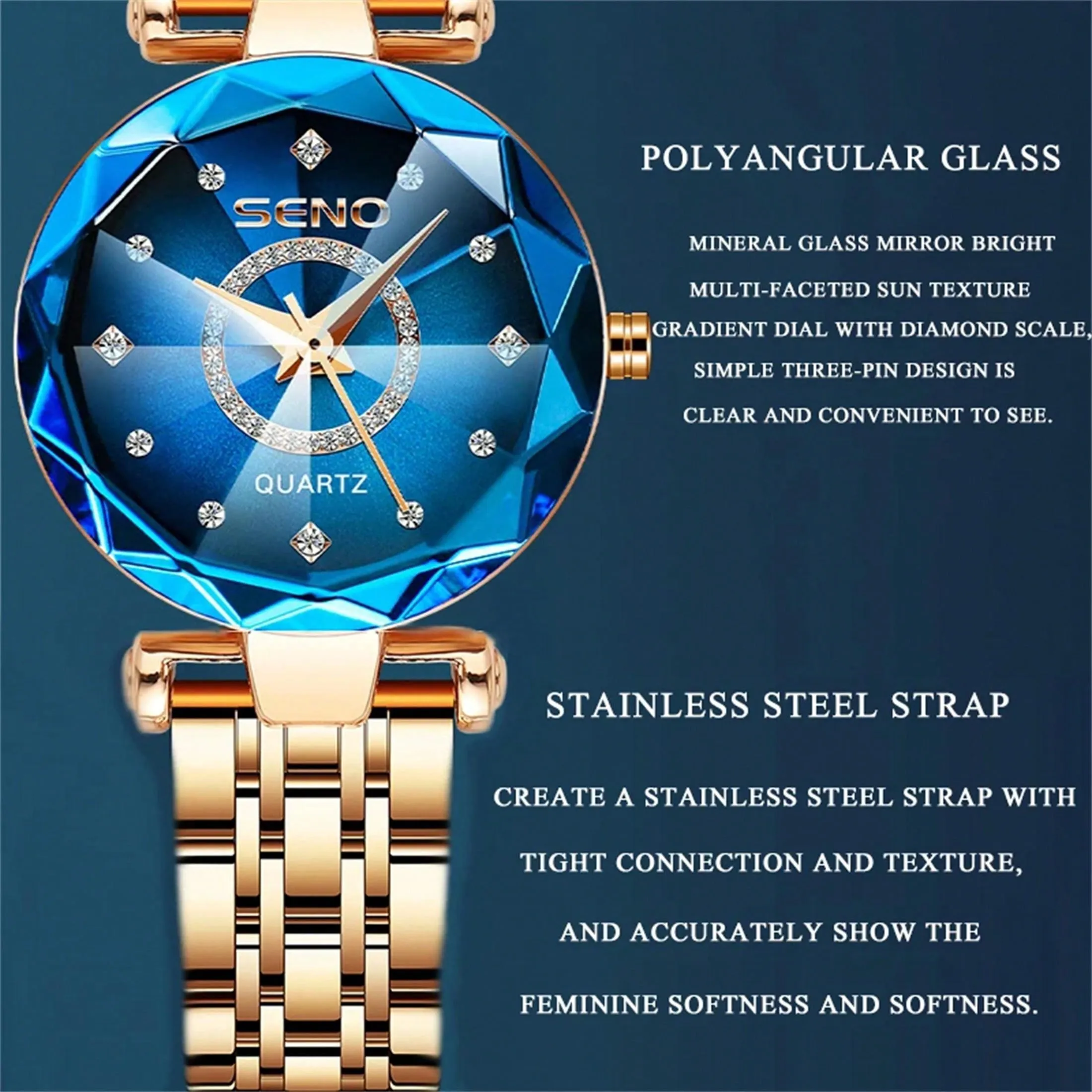 Sapphire Women's Watch with Stainless Steel Rose Gold Strap