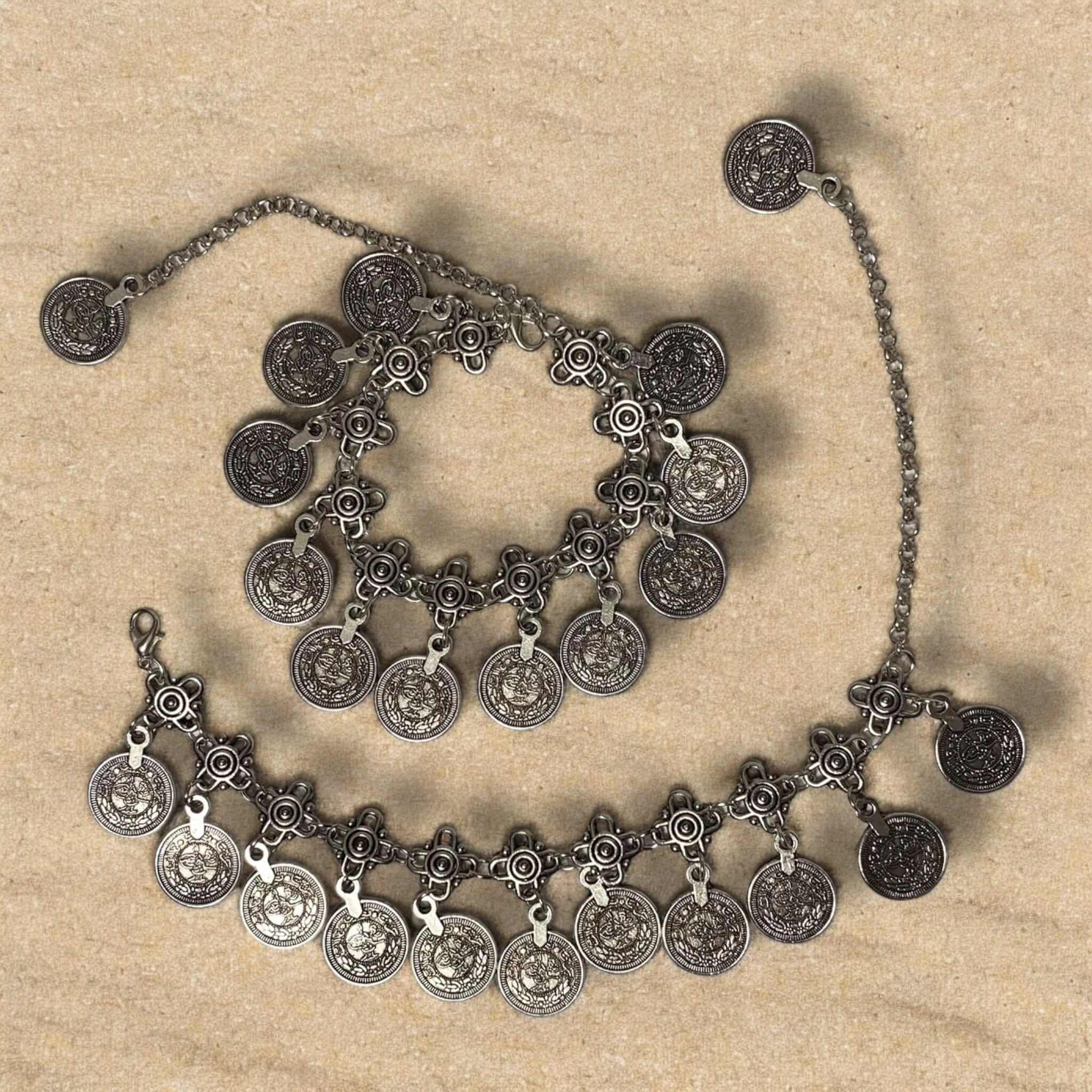 Silver Charming Coins Tassel Anklet Set