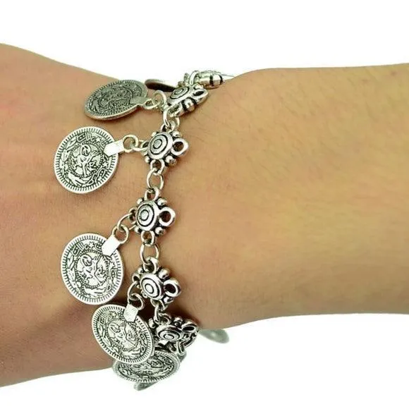 Silver Charming Coins Tassel Anklet Set