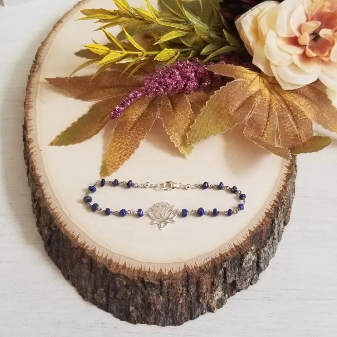 Sterling Silver Lotus Flower Beaded Bracelet, Lapis Lazuli or Emerald