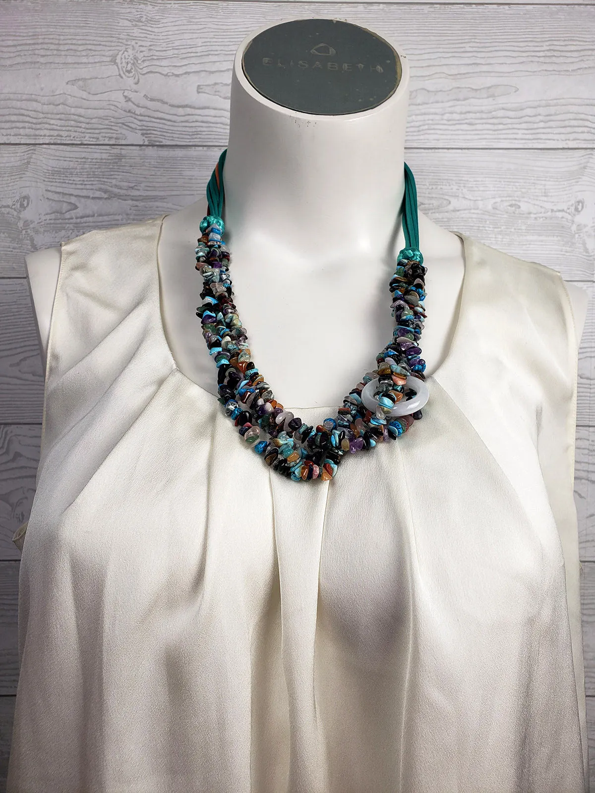 Stone Beaded Multi-Strand w/ Satin Cord Necklace