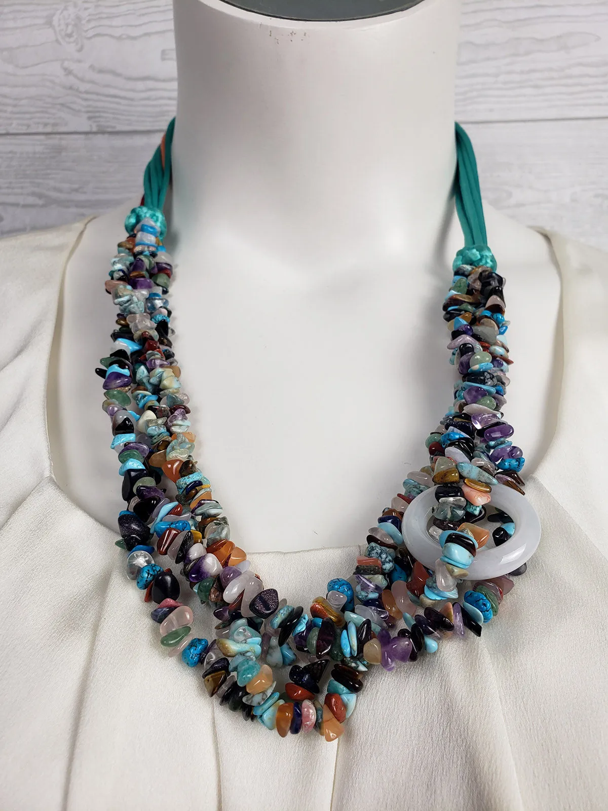 Stone Beaded Multi-Strand w/ Satin Cord Necklace