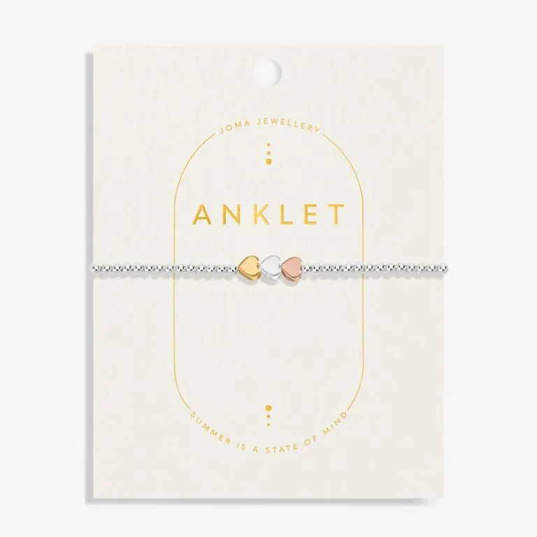 Three Tone Heart Anklet In Silver, Gold And Rose Gold Plating