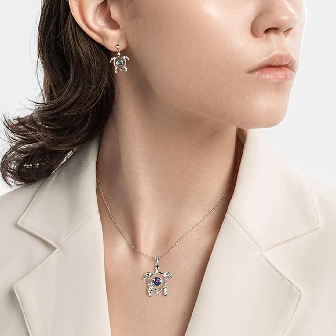 Tokyo Mart Turtle Rainbow Mystic Topaz Necklaces Women Girls Jewelry Gift Sterling Silver