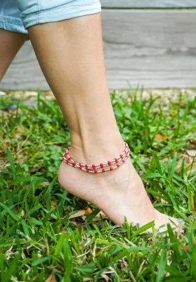 Triple Strand Red Coral Boho Silver Anklet