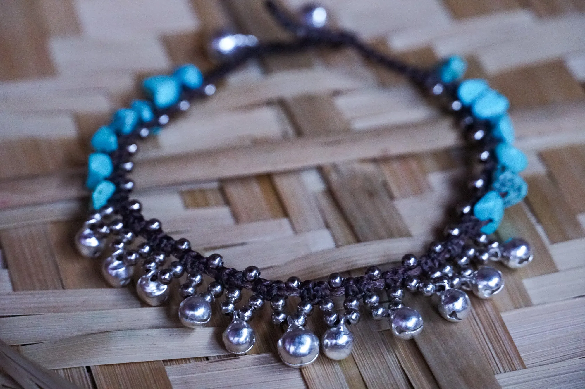 Turquoise Bell Boho Silver Anklet
