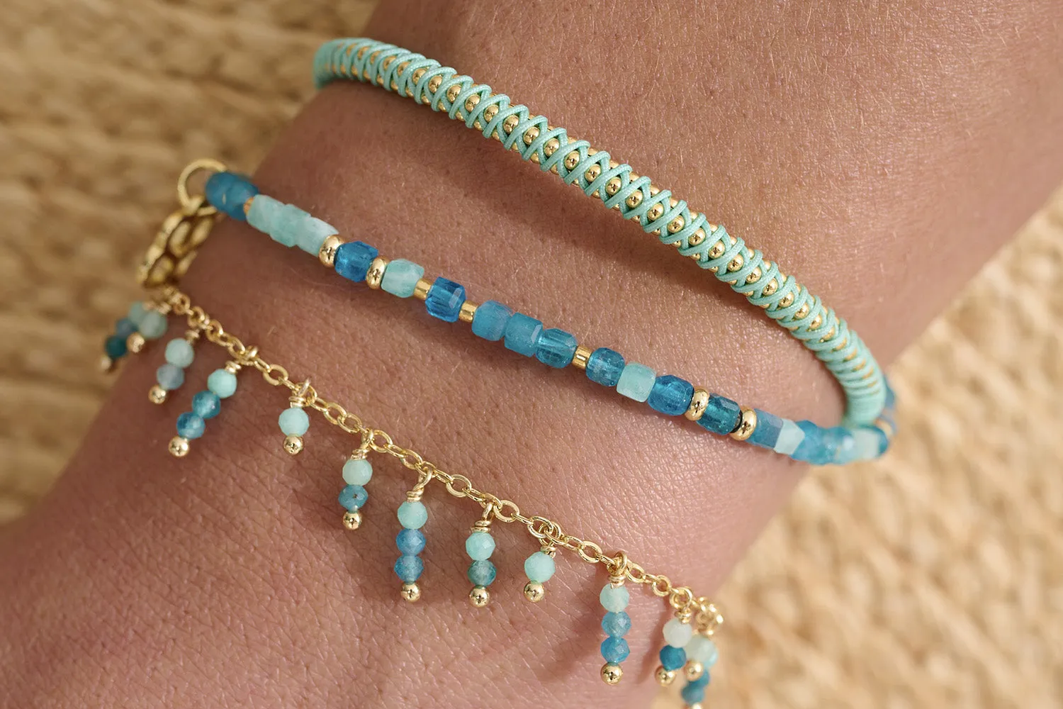 Violet Amazonite and Apatite Gold Bead Bracelet