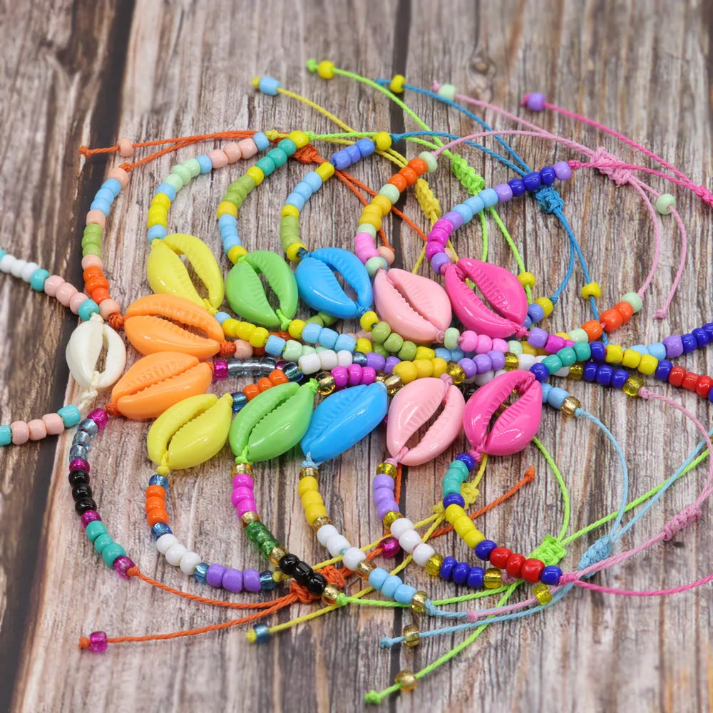 Wholesale acrylic shell colored rice beads hand-woven bohemian anklets JDC-AS-Yiye001