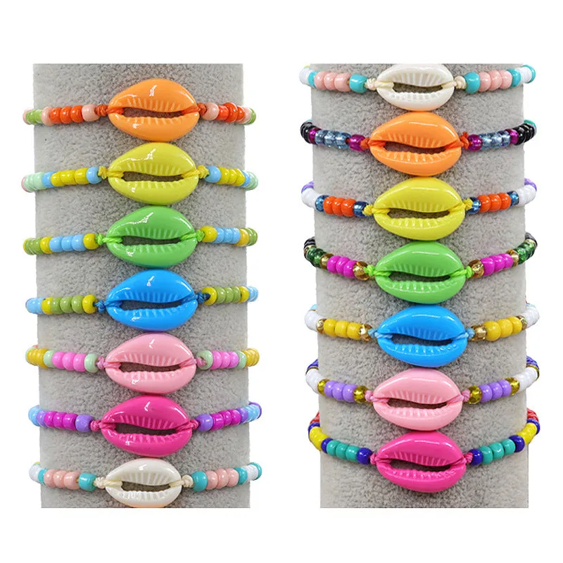 Wholesale acrylic shell colored rice beads hand-woven bohemian anklets JDC-AS-Yiye001