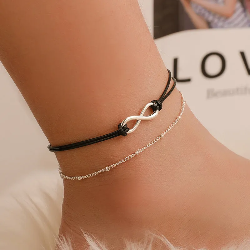Wholesale bohemian wind lucky figure 8 double layer black rope beach anklet JDC-AS-D023