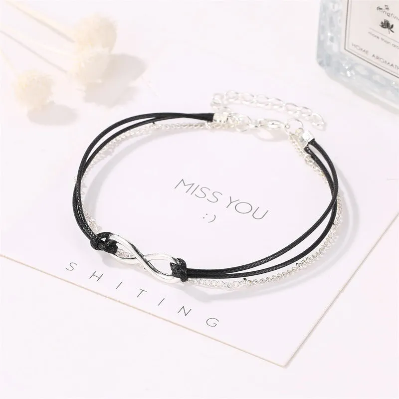 Wholesale bohemian wind lucky figure 8 double layer black rope beach anklet JDC-AS-D023