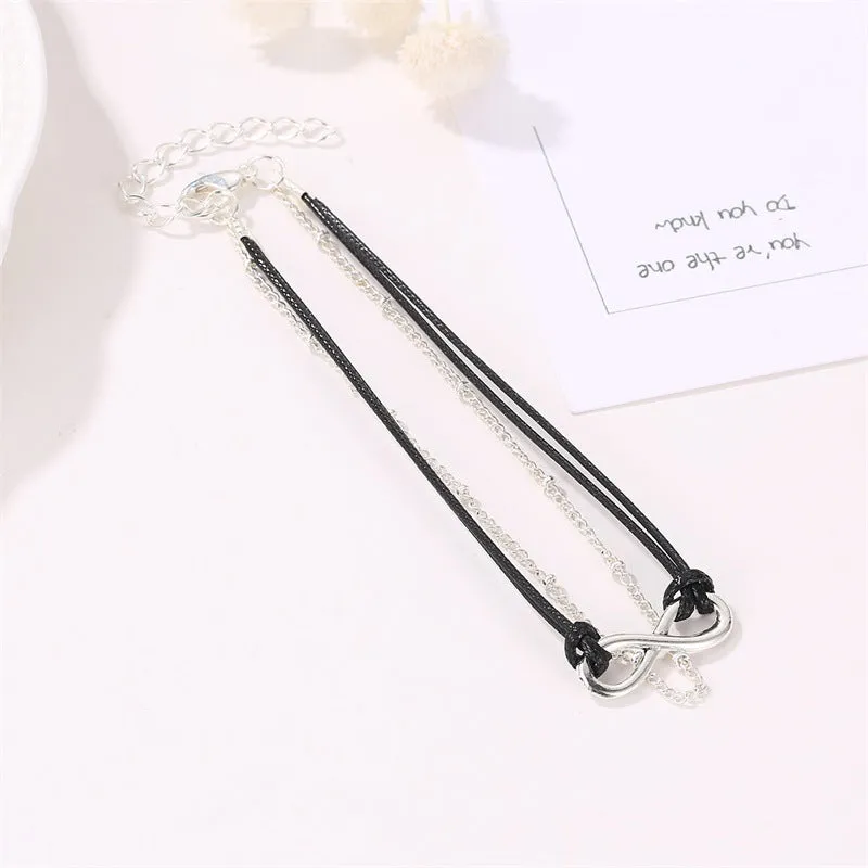 Wholesale bohemian wind lucky figure 8 double layer black rope beach anklet JDC-AS-D023