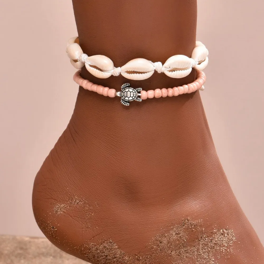 Wholesale Boho Ethnic Shell Turtle Braided 2 Piece Anklet JDC-AS-GSHR004