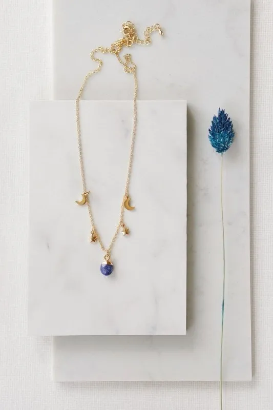 Xander Kostroma Gold Tone Lapis Lazuli Moon and Stars Charm Necklace – 42 cm   extension Statement Pendant Necklace for Women, Boho Jewelry, Healing Lapis Lazuli, Celestial-Inspired Gift for Astrology & Spiritual Enthusiasts